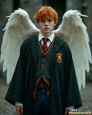 A young man stands with white feathered wings in soft outdoor light
