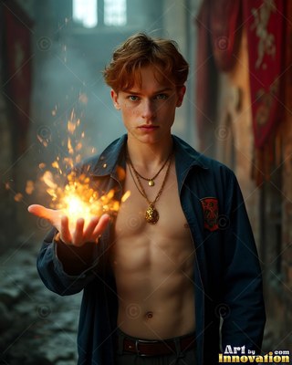 Facing forward in a stone hall, a young man holds up fire in his bare hand