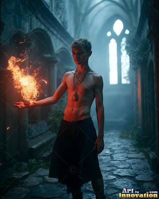A shirtless young man carries bright orange fire in his hand in a stone hall