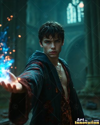 In a dark stone hall, a young man reaches out with bright blue sparks in his palm