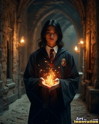 Holding fire in cupped hands, a young man in black robes stands in a stone hallway