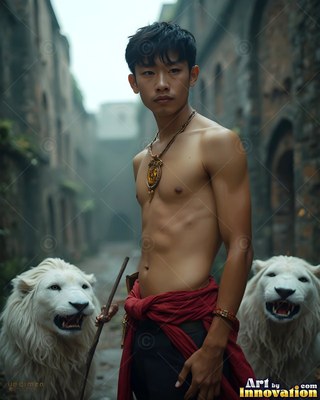 A shirtless young man stands in a stone alley between two white lions