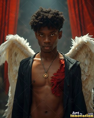 White feathered wings spread behind a young man wearing an open black jacket in front of red curtains