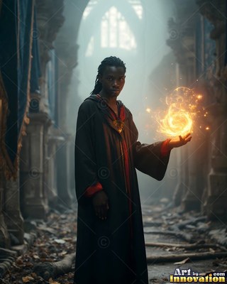 A young man in black robes holds a swirling ball of golden light in his hand
