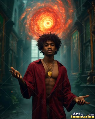 Hands open in a dark hallway, a man stands under a red swirl of fire