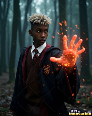 A young man in a school robe holds out a fiery orange hand in a dark forest
