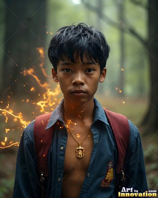 In a misty forest, a young man wears an open blue shirt near bright sparks