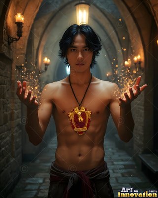 Holding up his open hands, a shirtless man casts golden sparks in a stone hallway