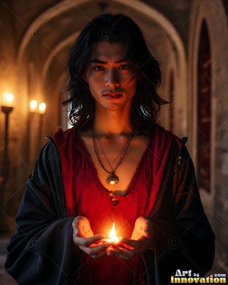 A young man in red robes holds a small flame in his hands