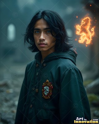 A dark hooded jacket covers a young man standing in a foggy courtyard by a fiery lion symbol