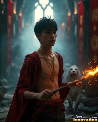 A young man holds a burning torch before a white lion in warm spark light