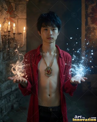 Facing forward in a stone hall, a young man holds magic sparks in his open hands