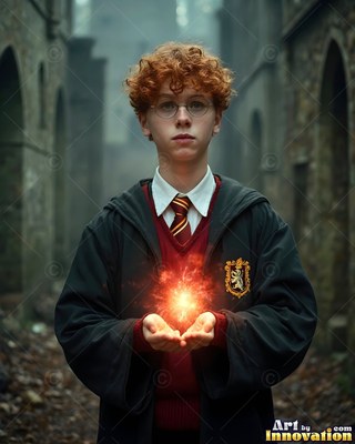 A young red-haired man in school robes cups a ball of bright fire in his hands