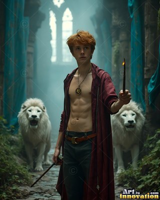In a stone hall, a red-haired shirtless man holds a wand beside two white lions
