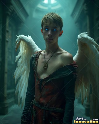 Standing in a dim hall, a winged young man stares forward with bright blue eyes