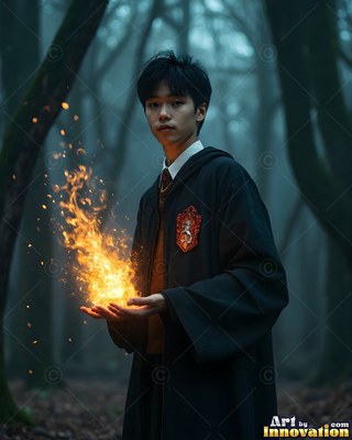 Young man in black robes holds bright fire in a dark forest