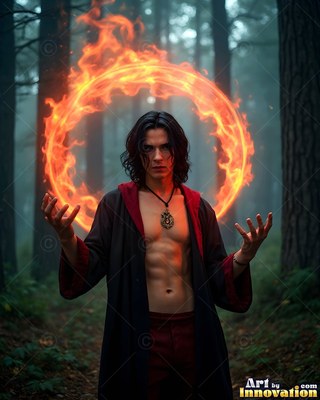 Wearing an open dark robe, a man holds a fiery circle in a misty pine forest