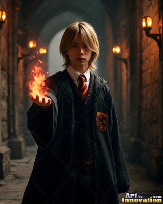 A young blond man holds fire in his palm under warm torchlight in a stone hall