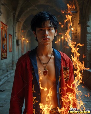 Facing forward in a stone hall, a young man wears an unbuttoned scarlet robe before rising fire