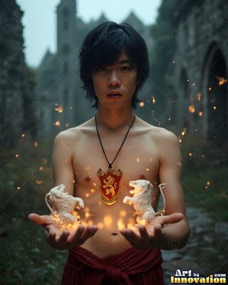 A shirtless young man grips two small white lions in his hands by stone ruins