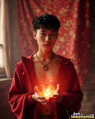 In front of a red curtain, a young man holds fire in his cupped hands