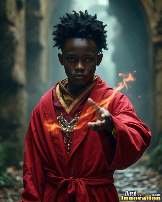 Holding out a hand with fire, a young Black man wears a red robe in a stone hall