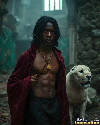 A shirtless man in a red robe holds a wand near a white lion