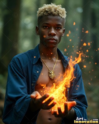 A young Black man with blond-tipped hair holds bright orange fire in a forest