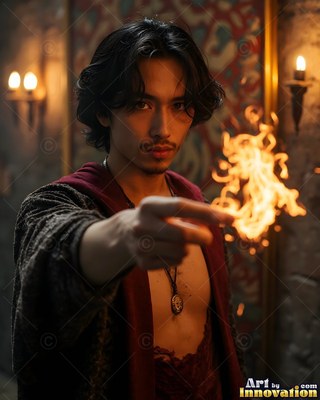 A dark-haired man extends his hand to cast bright orange fire in a dim room