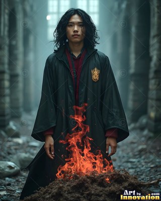 Standing straight in a stone hall, a young man in black robes faces a fire