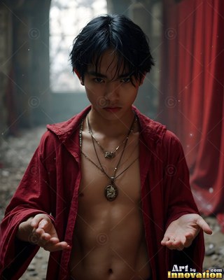 A young man in an unzipped bright red robe holds out both hands by red curtains