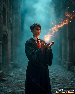 In a foggy stone courtyard, a young man in black robes holds fire between his hands