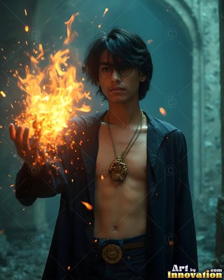 Holding flames in his bare hand, a young man wearing an open robe stands in a stone hall