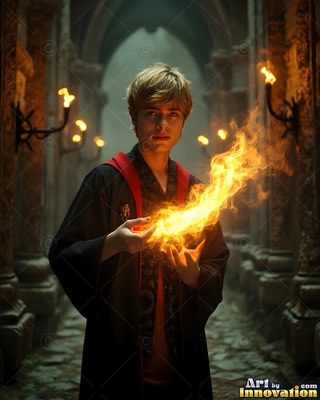 A young blond man in black robes holds bright fire in his hands