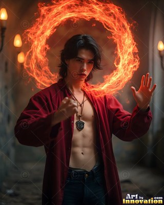 Wearing an unbuttoned red coat, a young man raises his hands inside a stone hall framed by a ring of fire