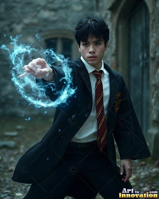 A young man casts a swirling ring of pale blue light from his outstretched hand