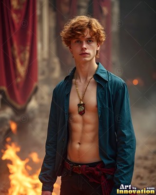 Standing in a stone courtyard, a red-haired man wears an open blue shirt near fire