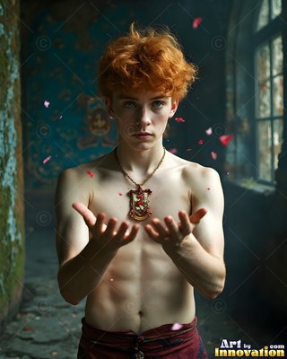 A shirtless young man with red hair holds out his open hands in a stone hall