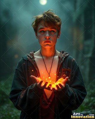 In the dark woods, a young man carries bright yellow sparks in his cupped hands