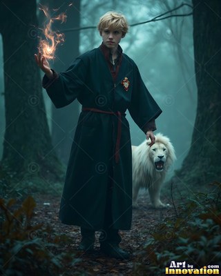 Holding fire in his hand, a blond young man stands with a white lion in a dim wood