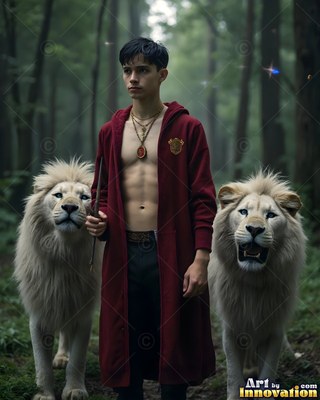 A young man in an unzipped red robe with two white lions in a forest