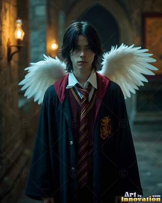 Wearing a dark robe and striped tie, a young man with white wings stands in a stone hall