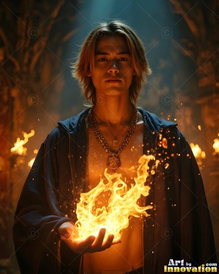 A young man holds bright yellow flames in his open hand under warm light