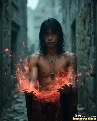 Facing forward in a stone alley, a shirtless man holds red fire in his hands