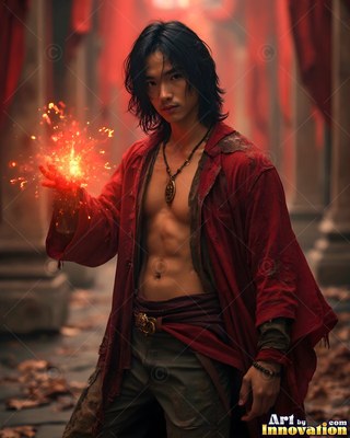 A shirtless man in a parted bright red robe holds bright sparks in his palm