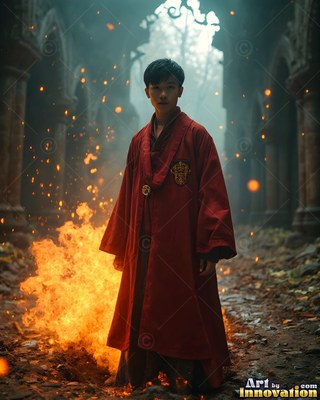 In a stone courtyard, a young Asian man in red robes stands by bright orange flames
