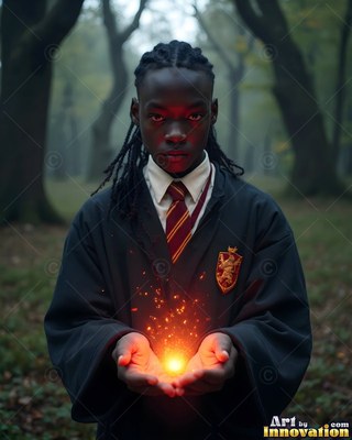 Holding a bright yellow light in his cupped hands, a young Black man stands in the woods