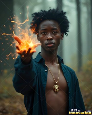 A young man holds bright fire in his hand in a foggy forest