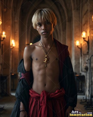 A gold lion pendant hangs on a bare-chested young man standing in a stone castle hallway