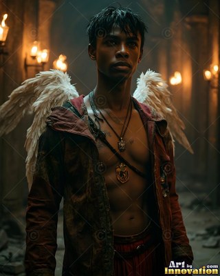 A winged man stands in an unbuttoned red coat near warm torchlight on the stone wall